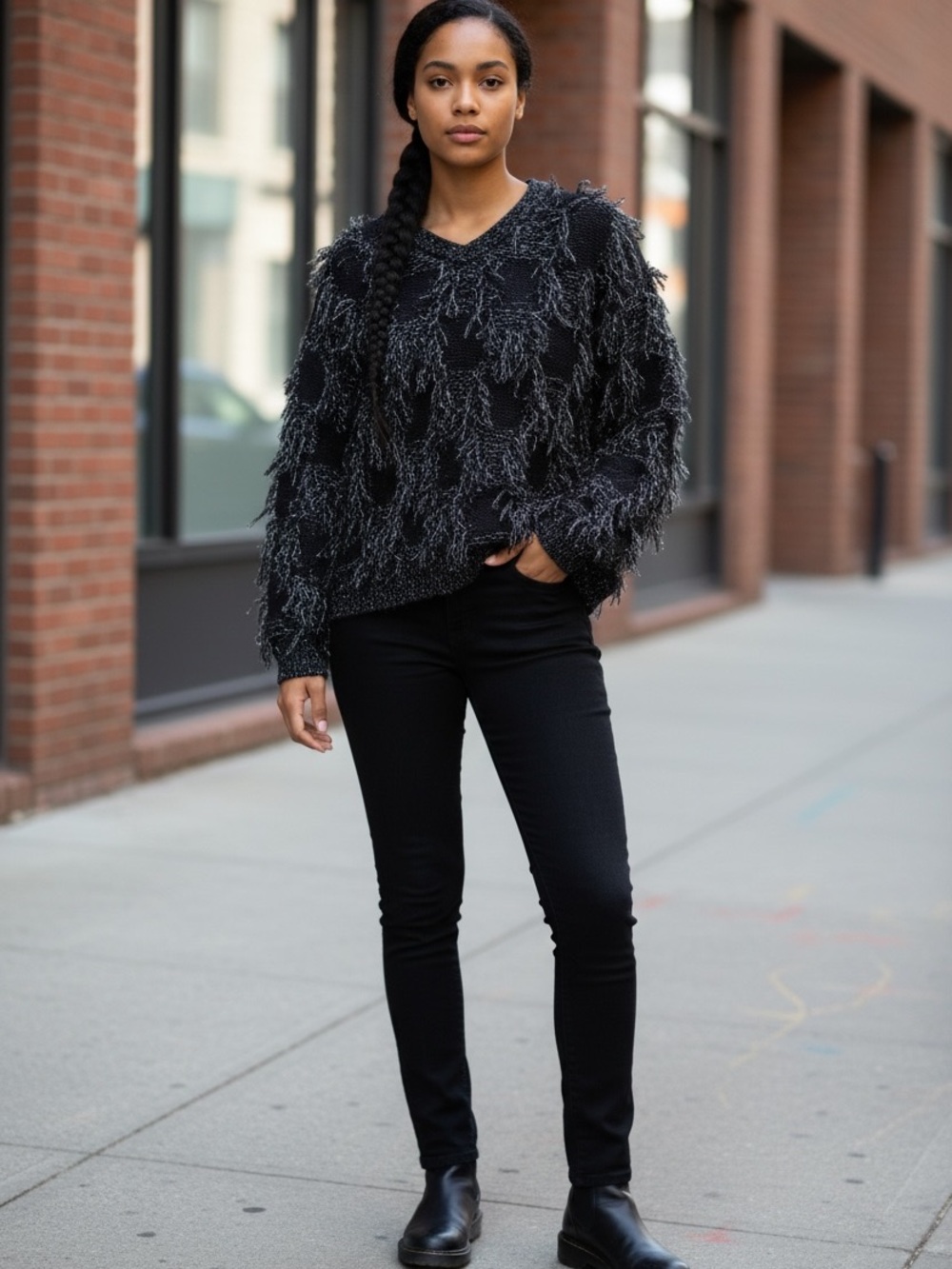 Vintage Maurada charcoal Fringe metallic textured shag Sweater (late 80’s) small